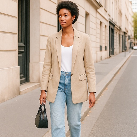 LOFT Womens Beige Cotton Blend Longline Blazer Size 12 Relaxed Fit Quiet Luxury - Picture 1 of 10